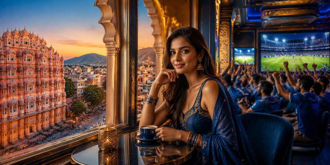 Evening view of Jaipur’s Hawa Mahal with sports lovers placing bets